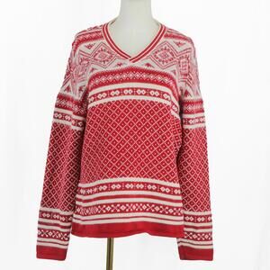 St. John’s Bay Women’s Fair Isle Knit Sweater Red White Nordic Pattern V-Neck XL